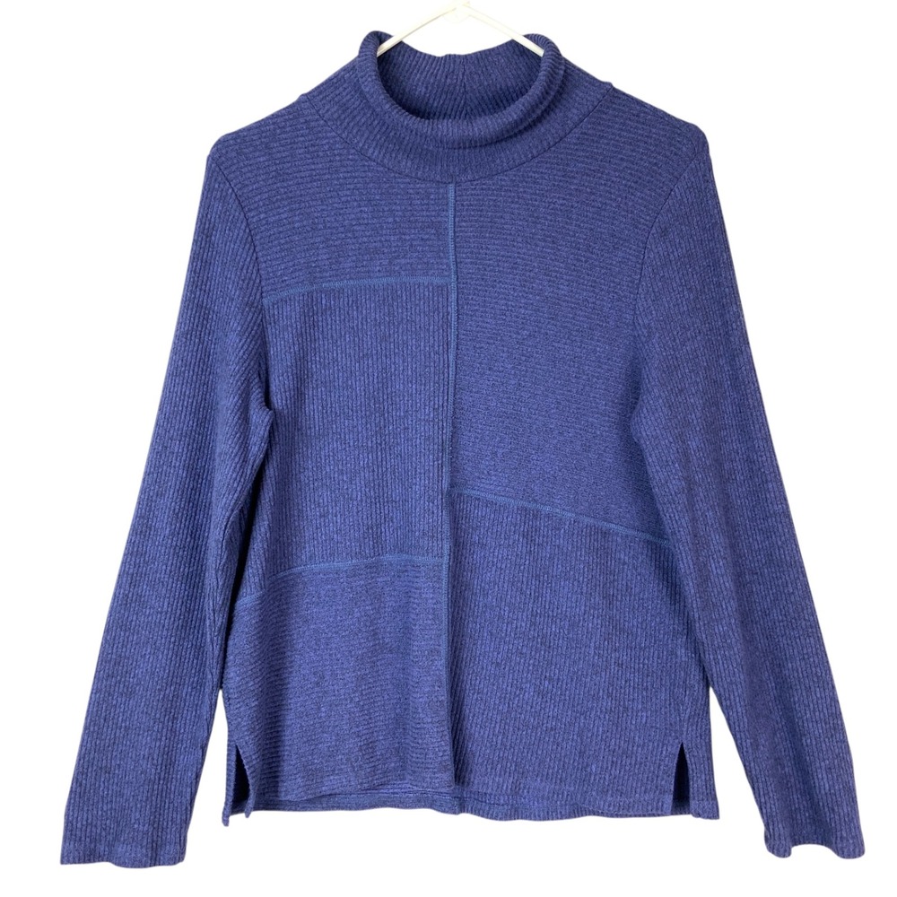 Habitat Blue Ribbed Patchwork Top S Pullover Mock Neck Long Sleeve Side Slits